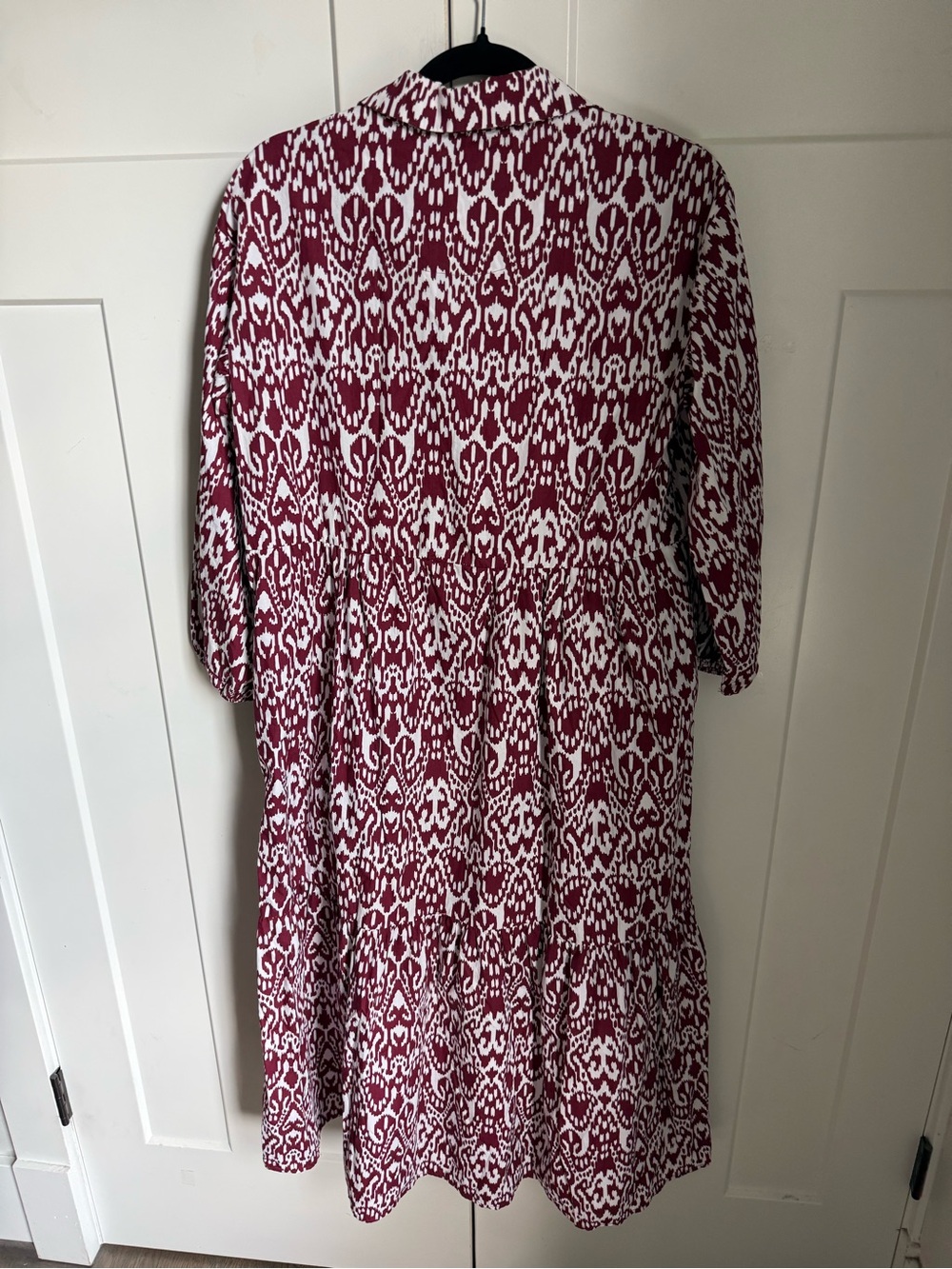 Maeve Bettina Tiered Shirt Dress from Anthropologie in a burgundy ikat print.S. - Picture 9 of 11